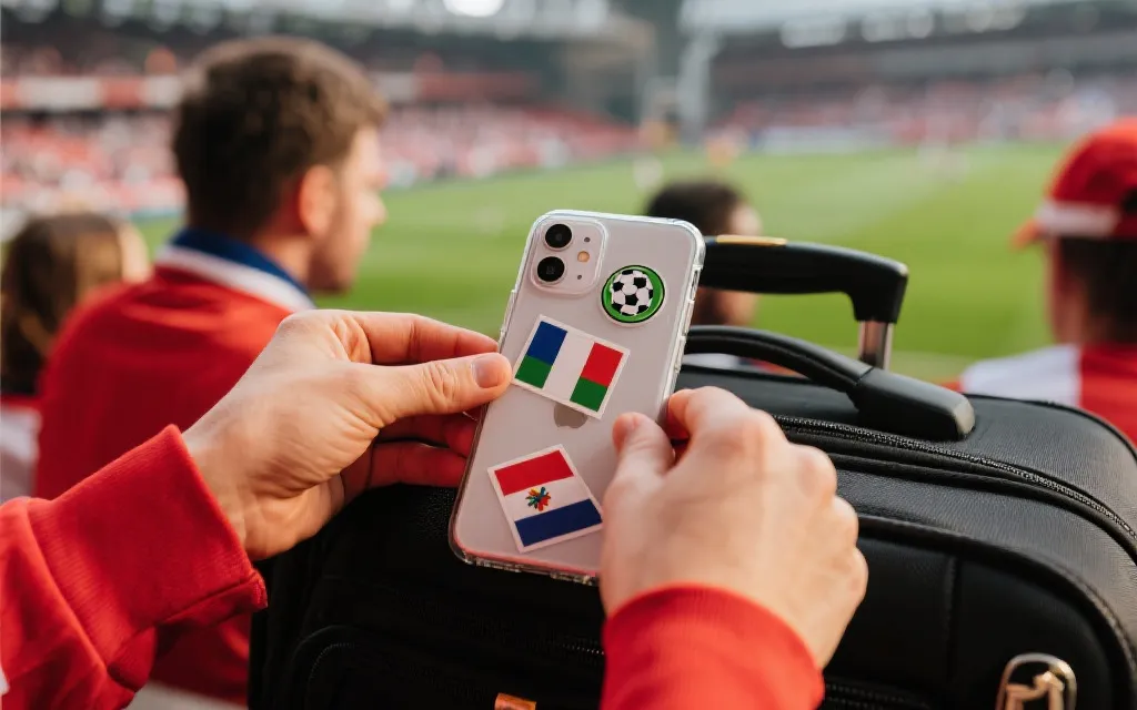 球迷在观赛场景中使用国旗贴纸：近景与材料质感展示